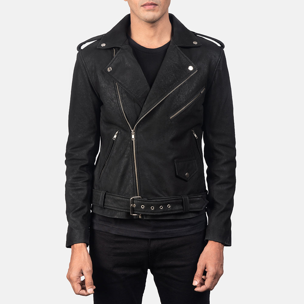 Allaric Alley Distressed Black Leather Biker Jacket - Image 4