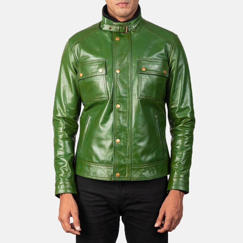 Darren Distressed Green Leather Biker Jackets - Image 4