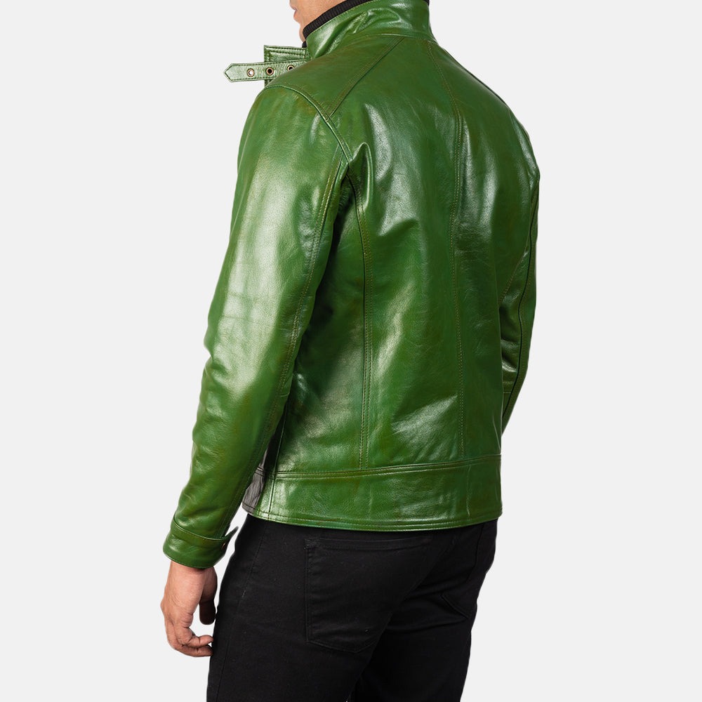 Darren Distressed Green Leather Biker Jackets - Image 3