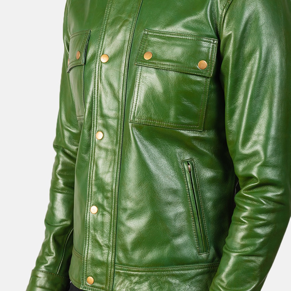 Darren Distressed Green Leather Biker Jackets - Image 5