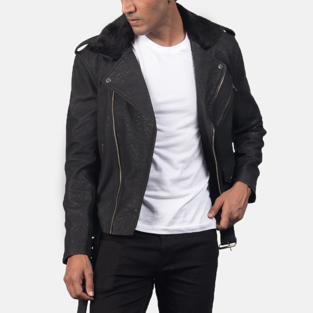 Furton Distressed Black Leather Biker Jackets - Image 4