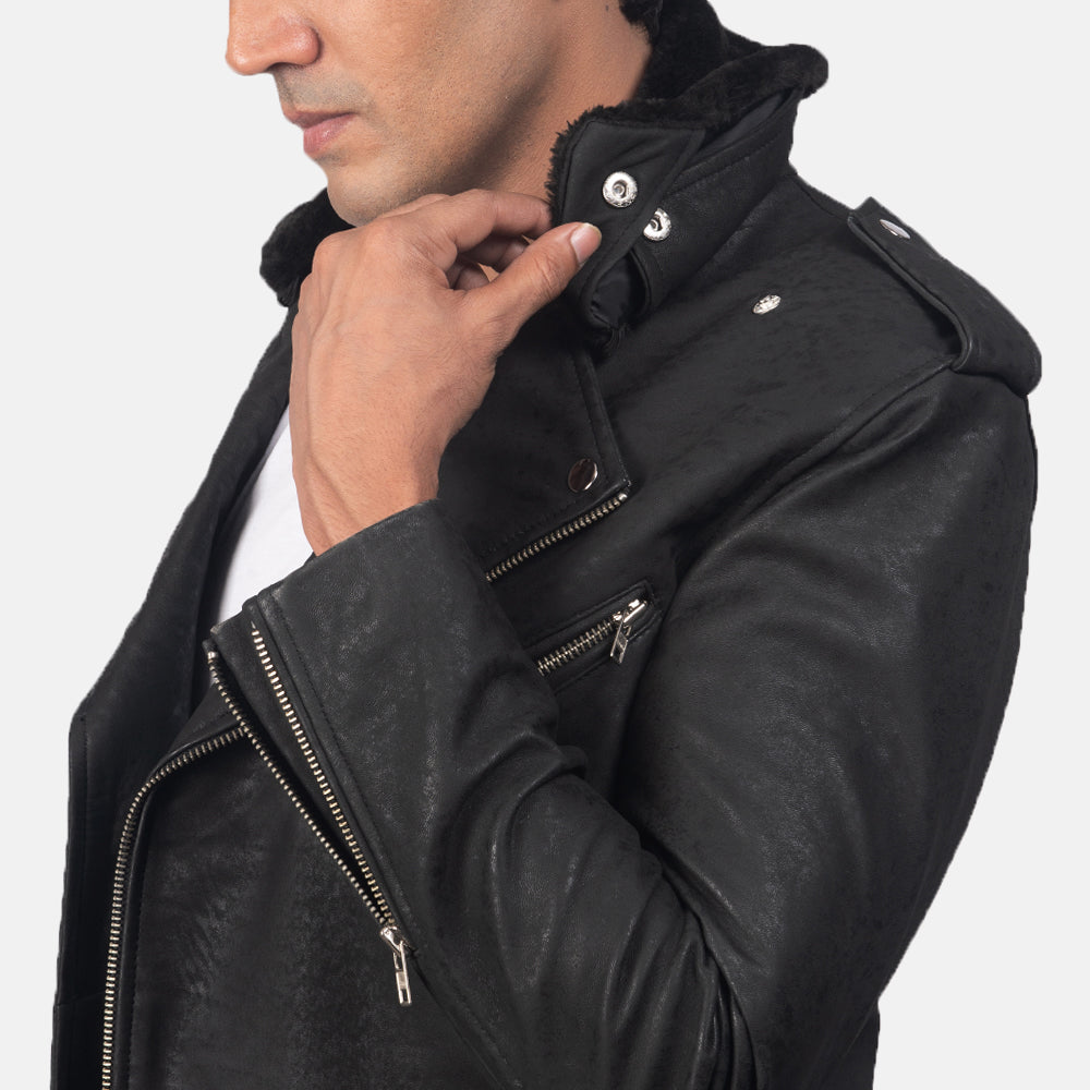 Furton Distressed Black Leather Biker Jackets - Image 2