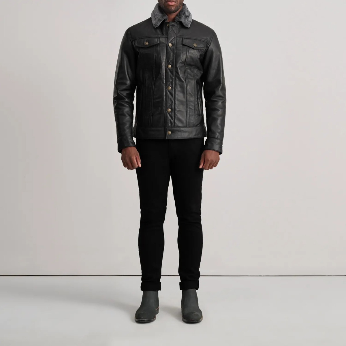 Dallis Black Leather Shearling Trucker Jackets - Image 2