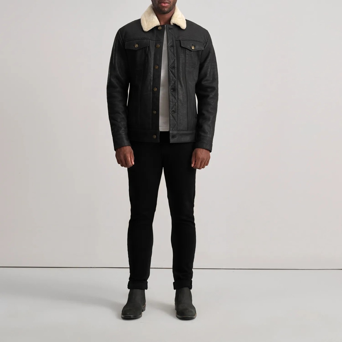 Dallis Distressed Black Leather Shearling Trucker Jacket - Image 2