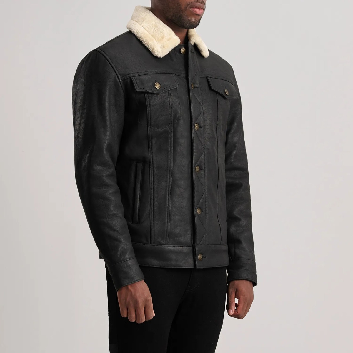 Dallis Distressed Black Leather Shearling Trucker Jacket - Image 3