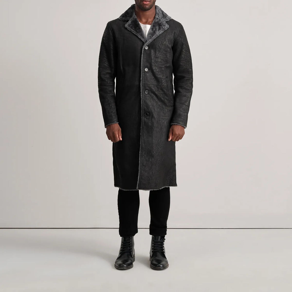 Kolby Distressed Black Leather Shearling Coat - Image 3