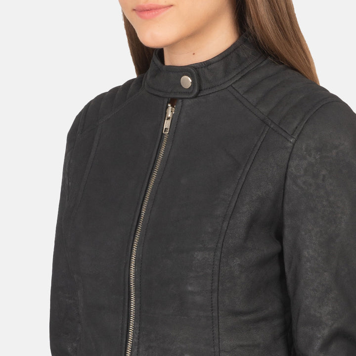 Kelsee Distressed Black Leather Biker Jacket - Image 5