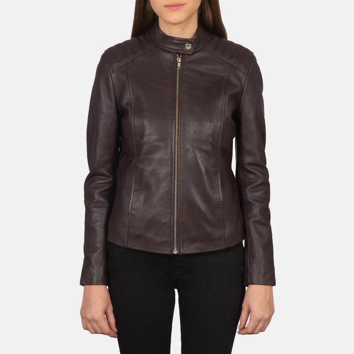 Kelsee Maroon Leather Biker Jackets - Image 3