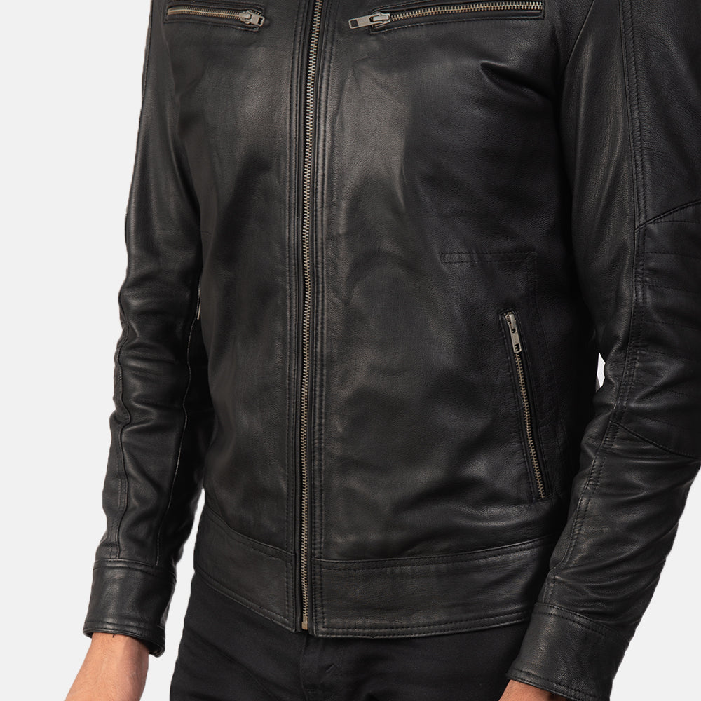 Mack Black Leather Biker Jacket - Image 5