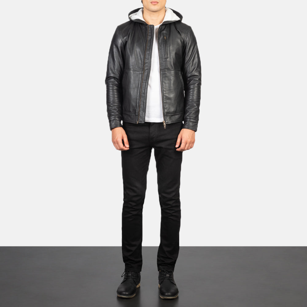 Baston Black Hooded Leather Bomber Jacket - Image 2