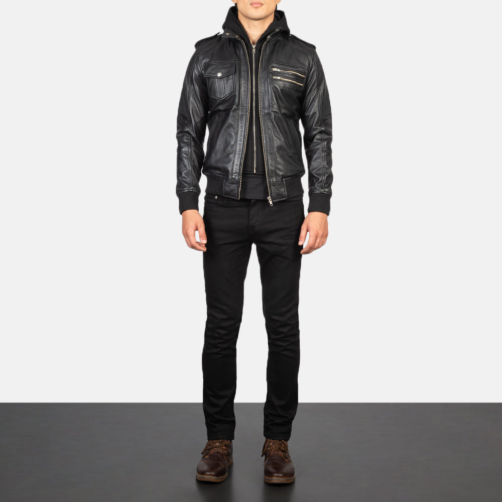 Bravado Hooded Leather Bomber Jacket - Image 2