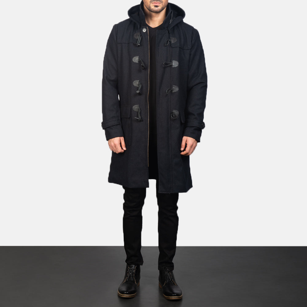 Drake Black Wool Hooded Duffle Coat