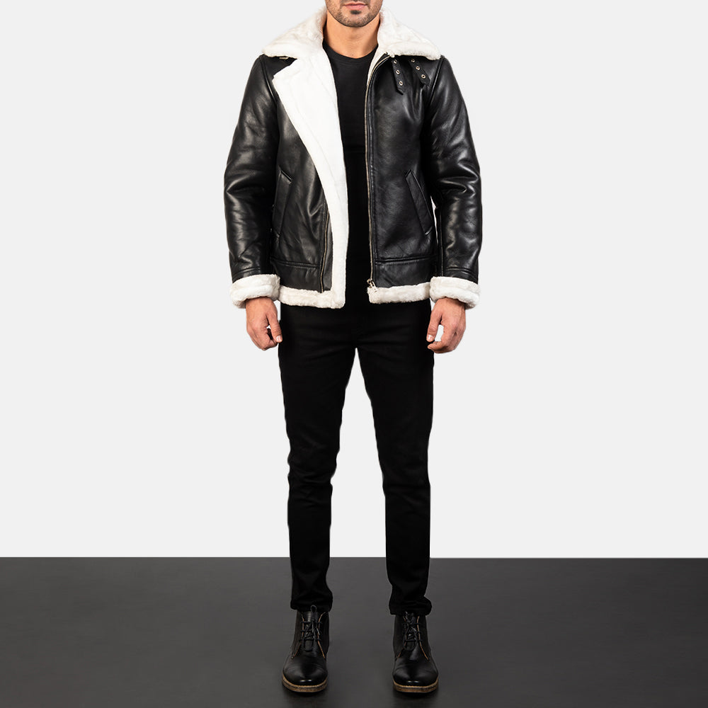 Francis B-3 Black & White Leather Bomber Jacket - Image 2