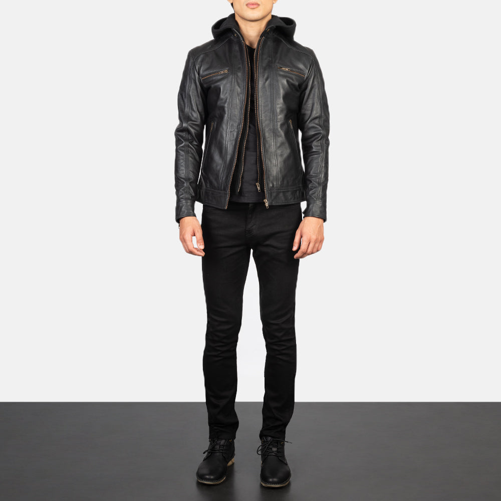 Hector Black Hooded Leather Biker Jackets - Image 2