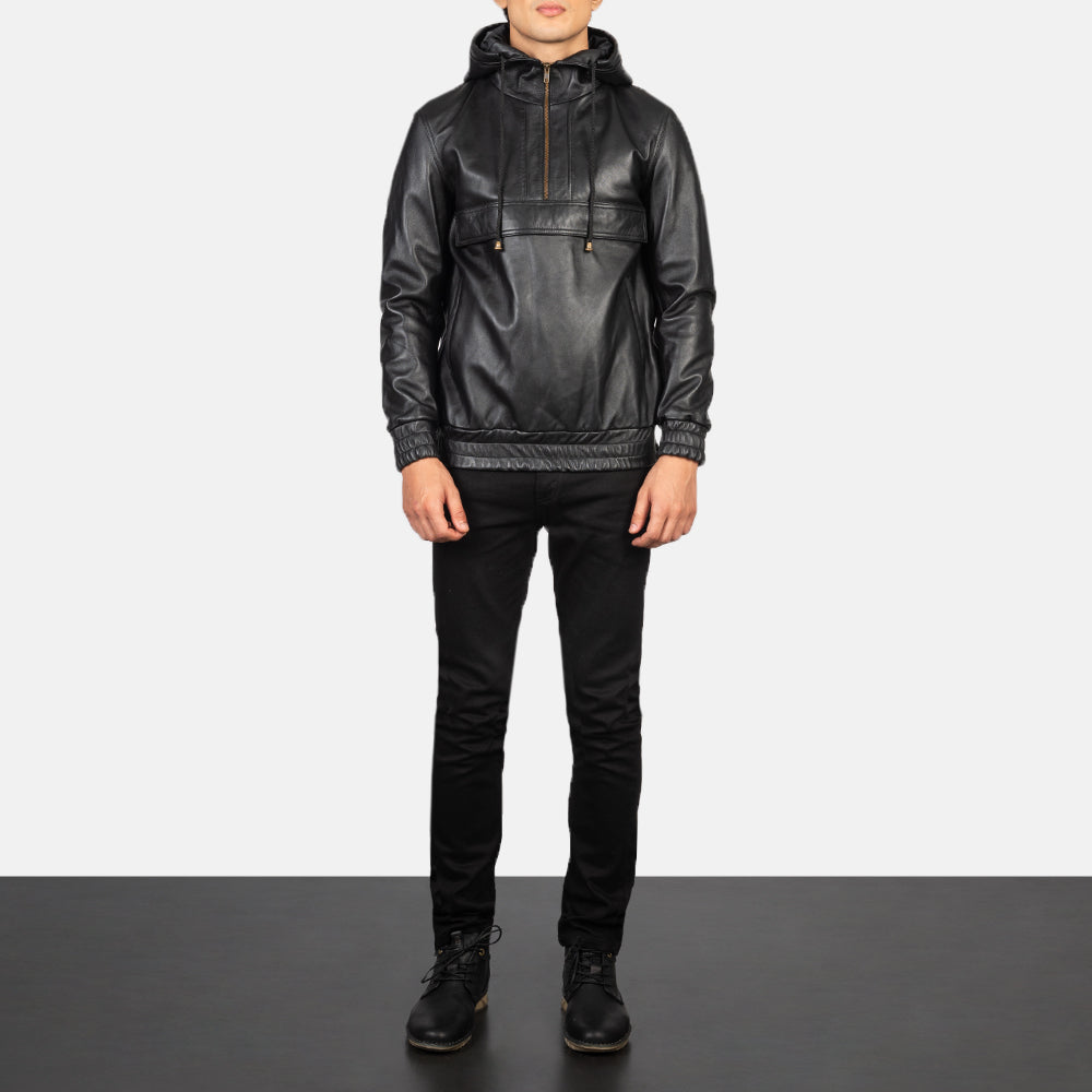 Kenton Hooded Black Leather Pullover Jackets - Image 2
