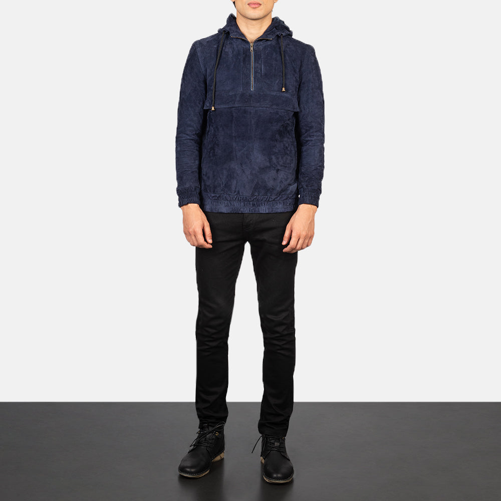 Kenton Hooded Blue Suede Pullover Jacket - Image 2