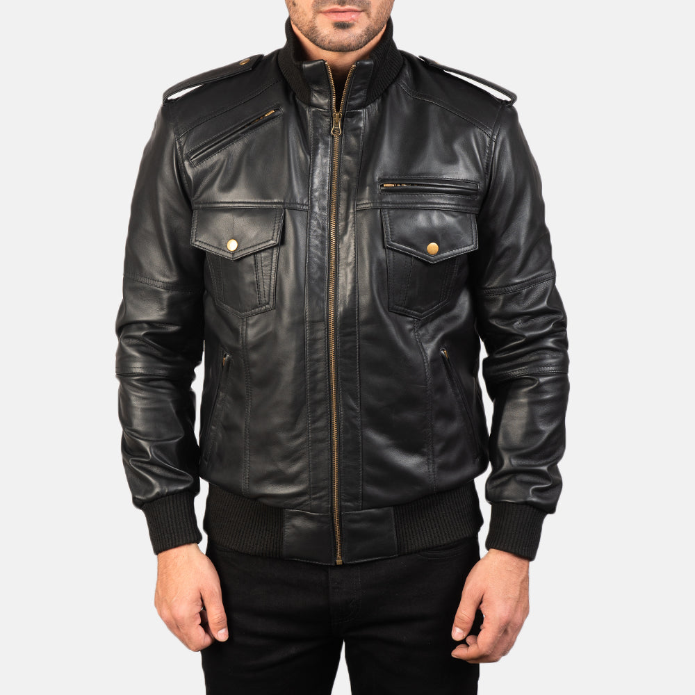 Agent Shadow Black Leather Bomber Jacket - Image 4