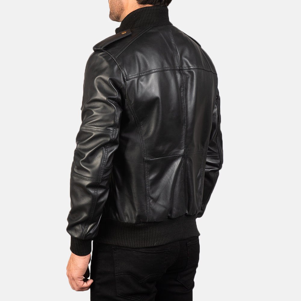 Agent Shadow Black Leather Bomber Jacket - Image 6