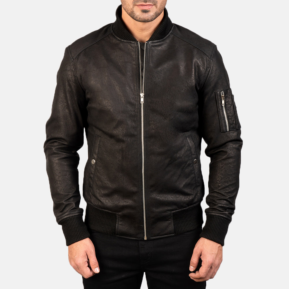 Bomia Ma-1 Distressed Black Leather Bomber Jackets - Image 3