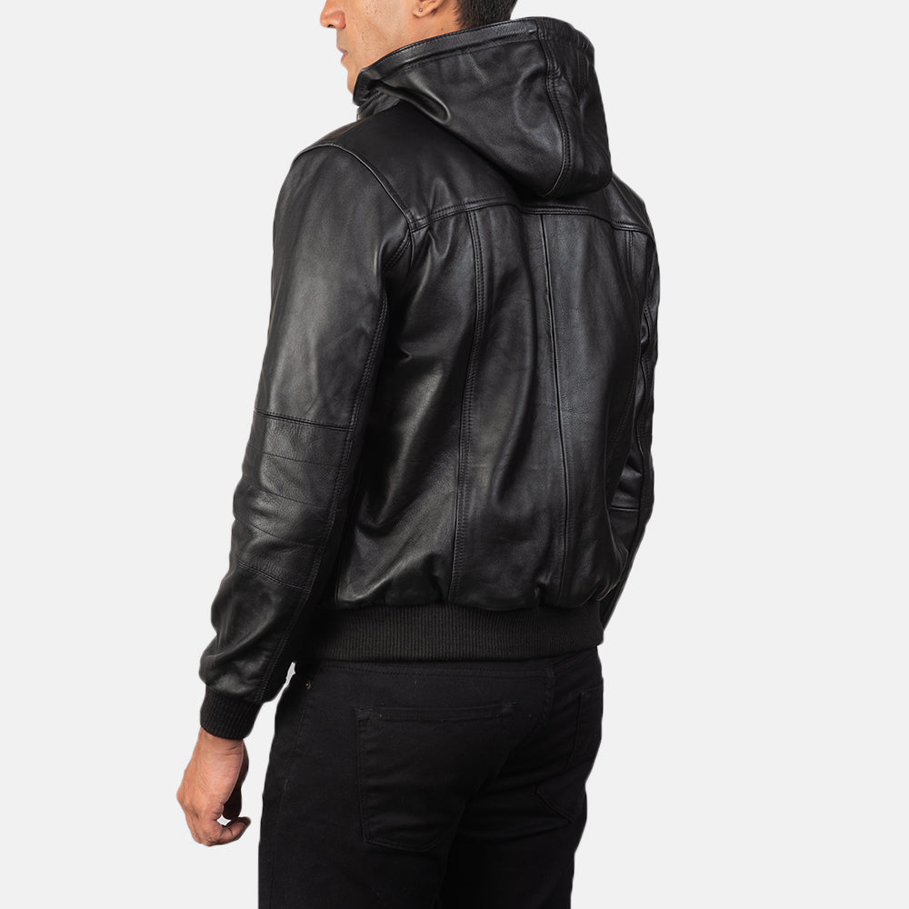 BouncerBiz Black Leather Bomber Jacket - Image 3