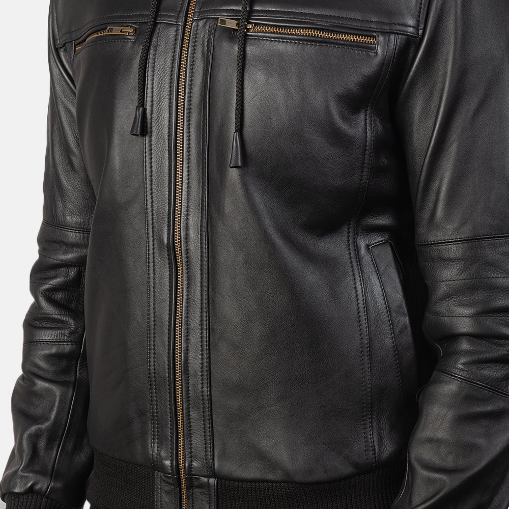 BouncerBiz Black Leather Bomber Jacket - Image 6