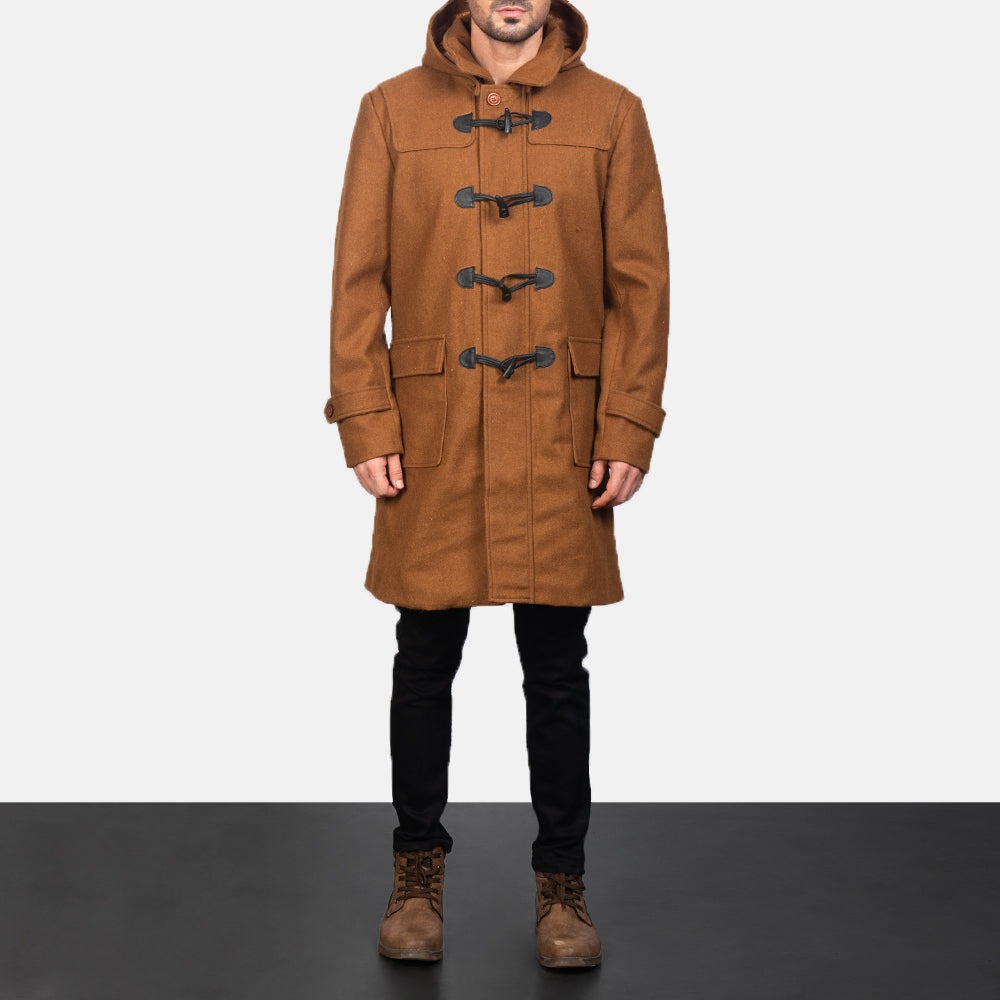 Drake Khaki Wool Hooded Duffle Coat - Image 4