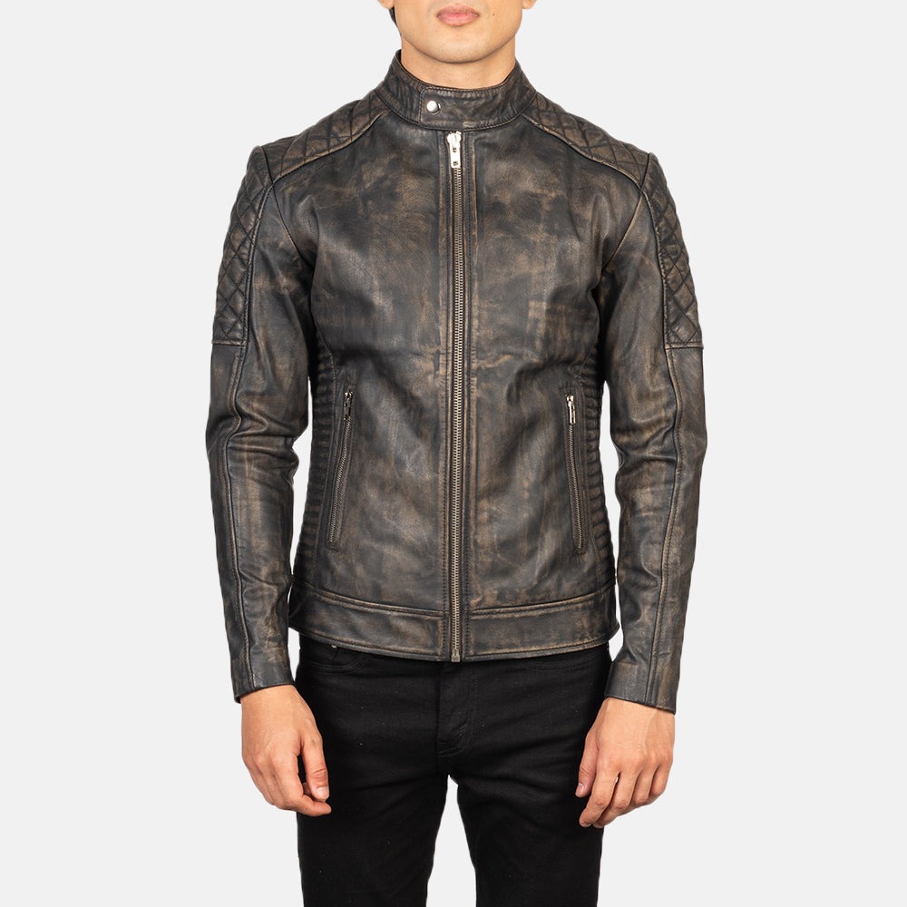Fernando Quilted Distressed Brown Leather Biker Jacket - Image 2