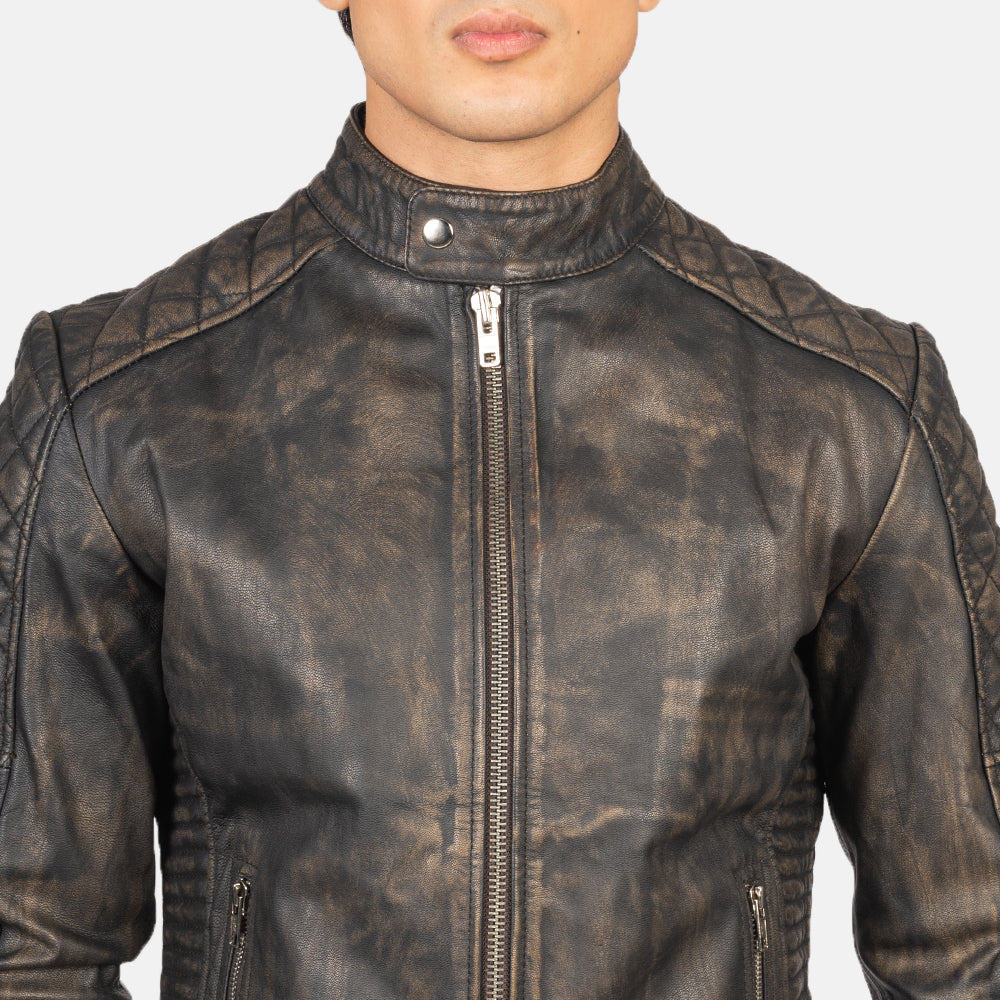 Fernando Quilted Distressed Brown Leather Biker Jacket - Image 6