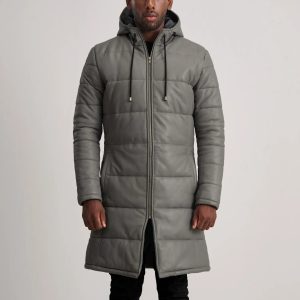 Floyd Grey Hooded Leather Puffer Coat
