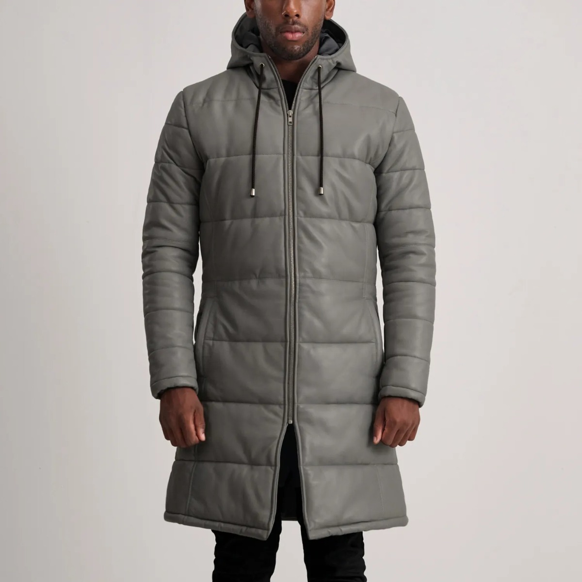Floyd Grey Hooded Leather Puffer Coat