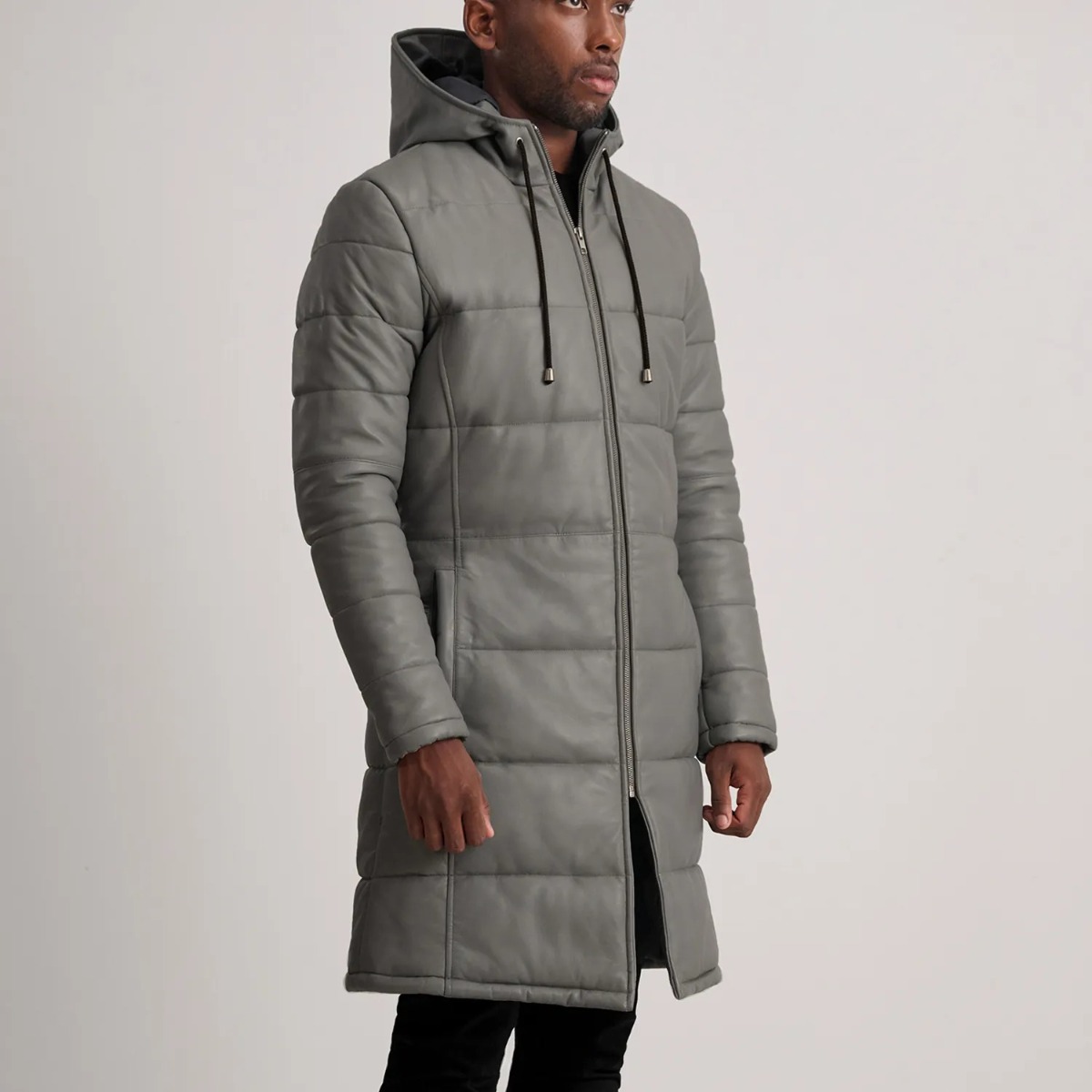 Floyd Grey Hooded Leather Puffer Coat - Image 6
