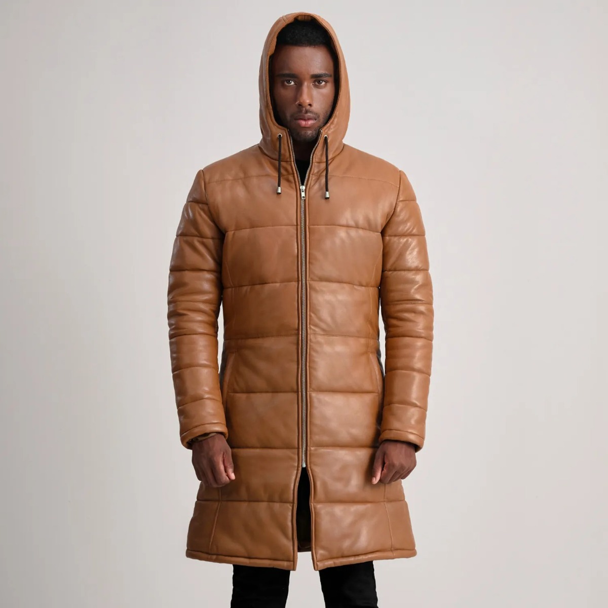 Floyd Tan Hooded Leather Puffer Coats - Image 4