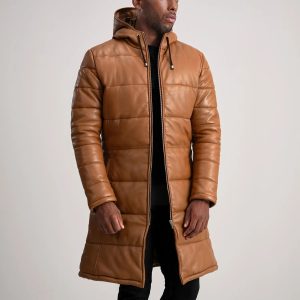 Floyd Tan Hooded Leather Puffer Coats