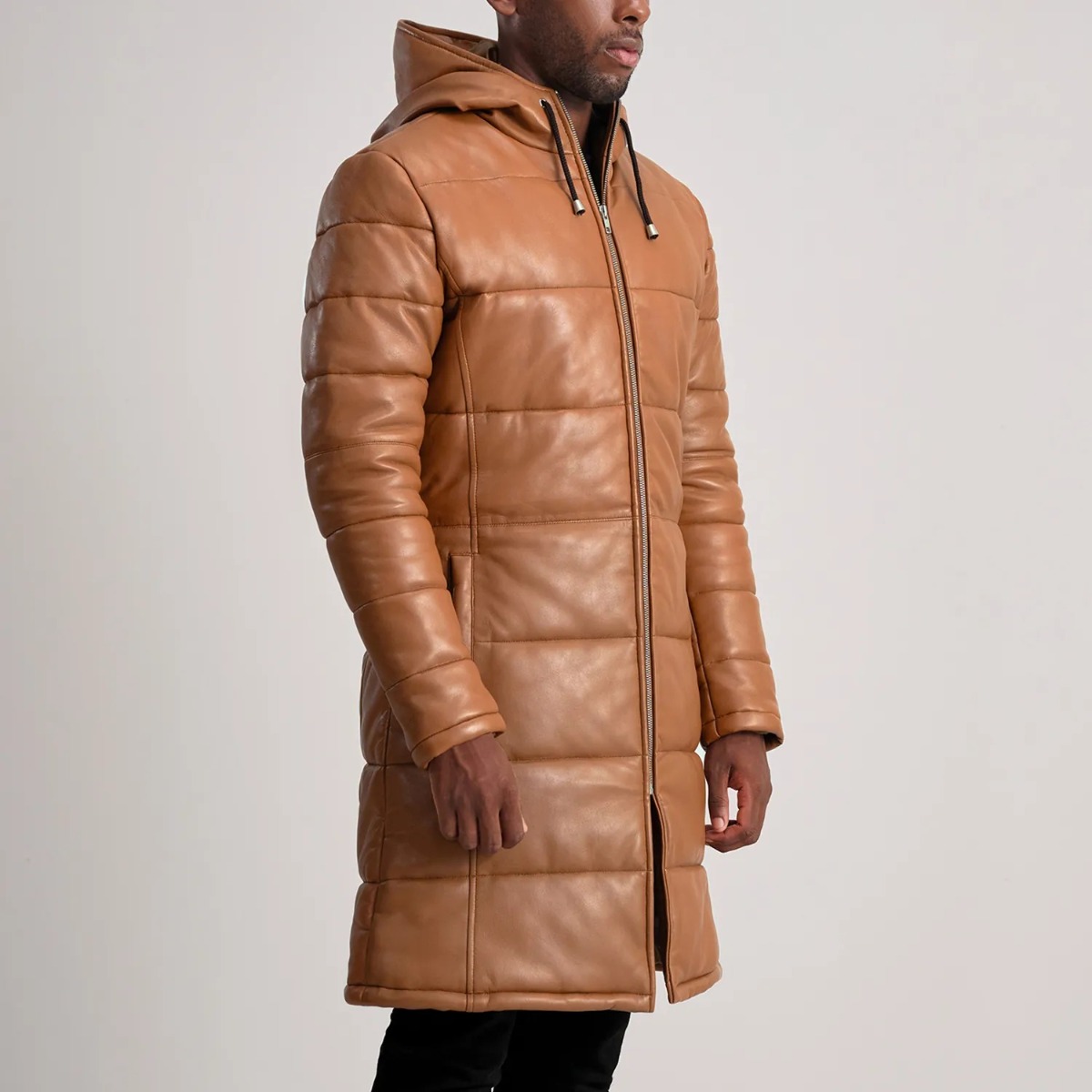 Floyd Tan Hooded Leather Puffer Coats - Image 5