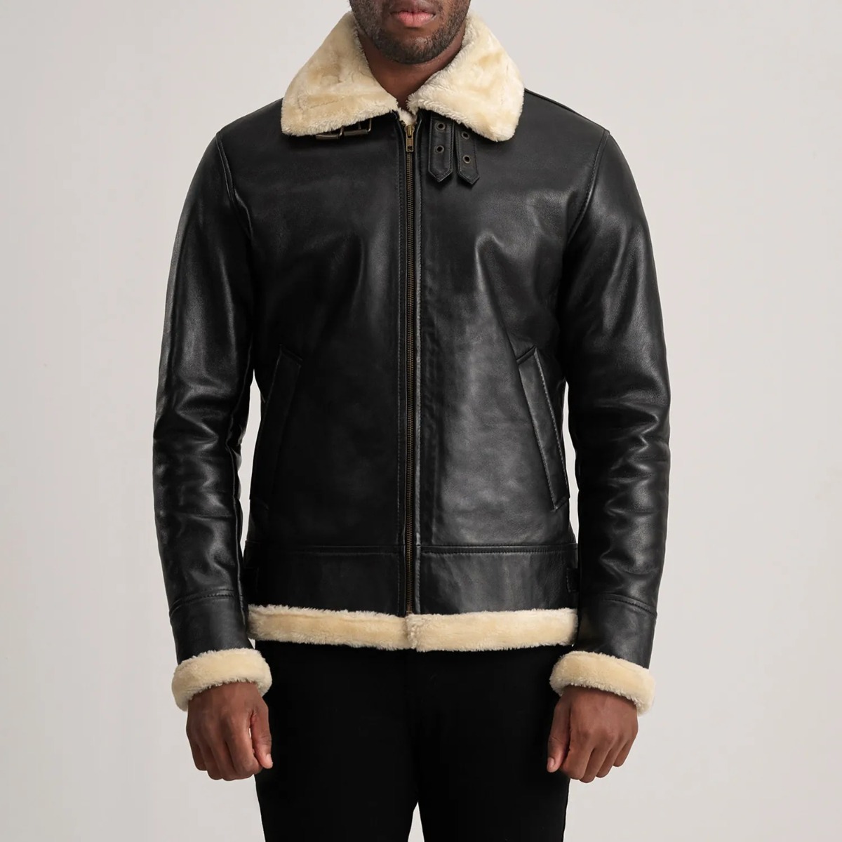 Francis B-3 Black & Cream Leather Bomber Jacket - Image 4