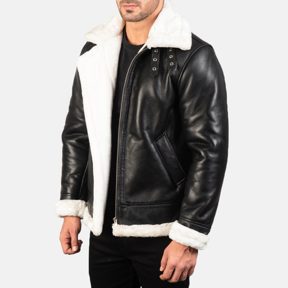 Francis B-3 Distressed Black Leather Bomber Jacket - Image 3