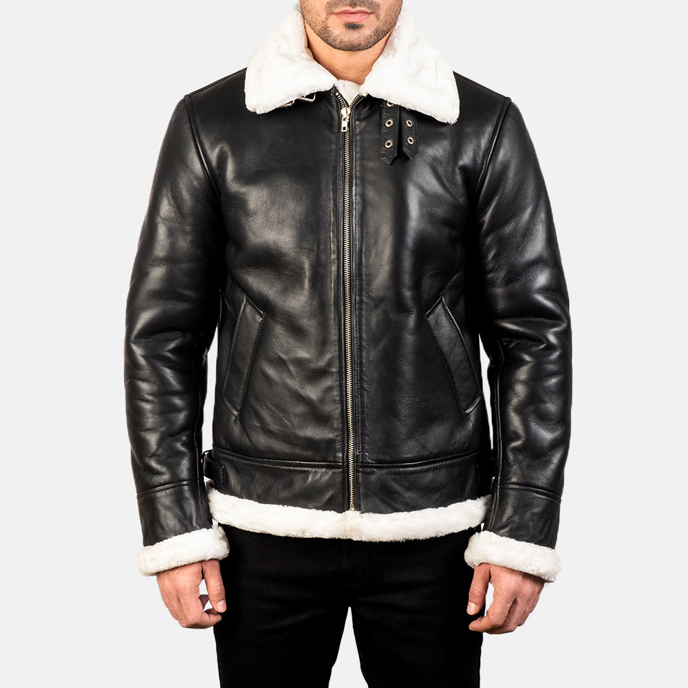 Francis B-3 Distressed Black Leather Bomber Jacket - Image 5