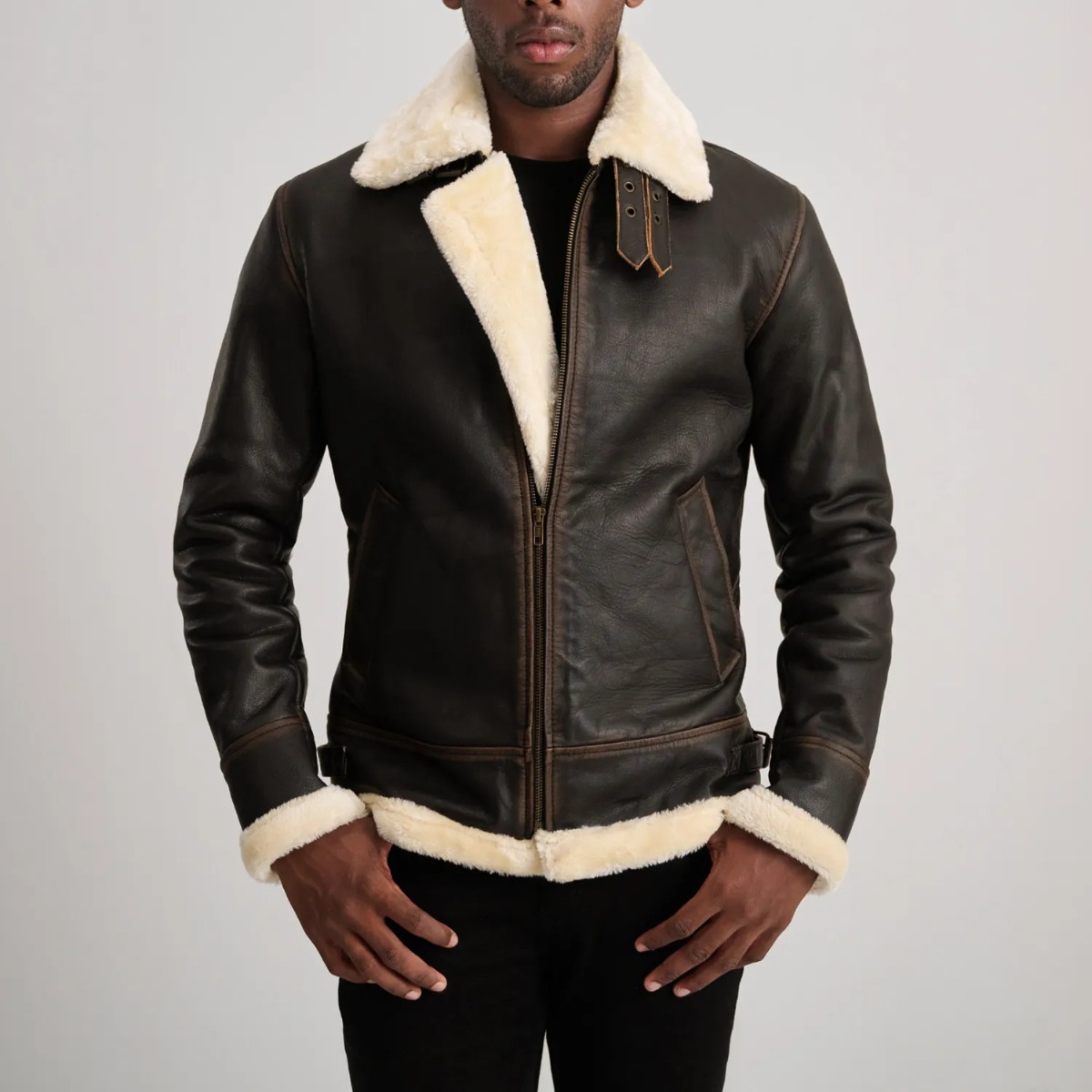 Francis B-3 Brown & Cream Leather Bomber Jacket - Image 4