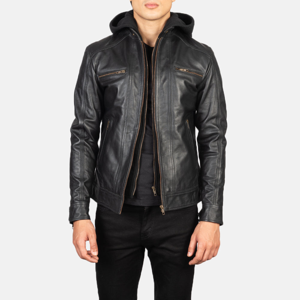Hector Black Hooded Leather Biker Jackets