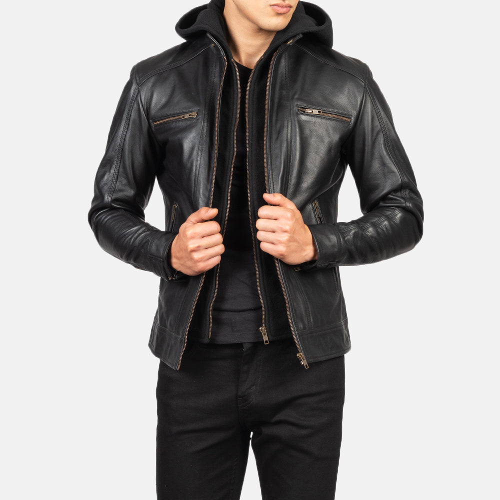 Hector Black Hooded Leather Biker Jackets - Image 3