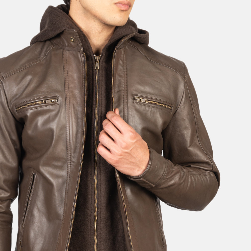 Hector Brown Hooded Leather Biker Jackets - Image 6