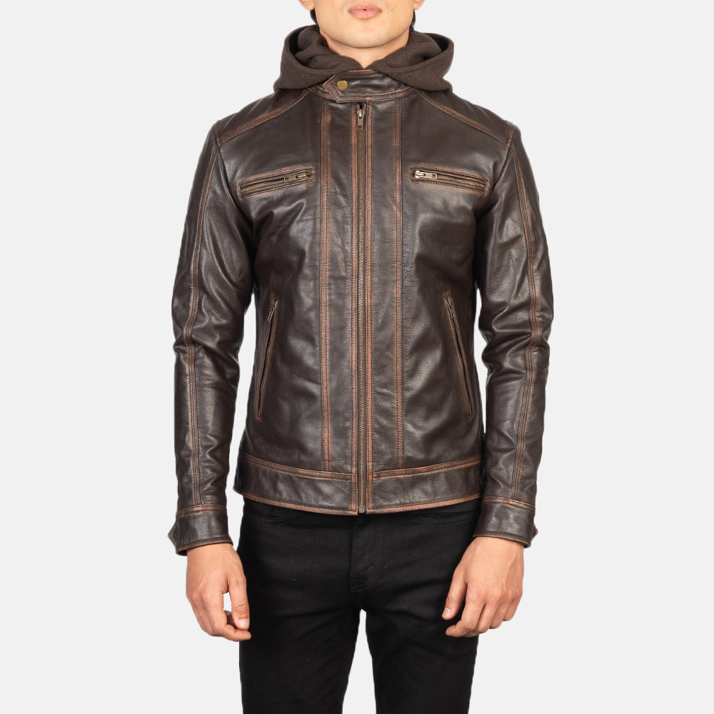 Hector Vintage Brown Hooded Leather Biker Jackets - Image 3