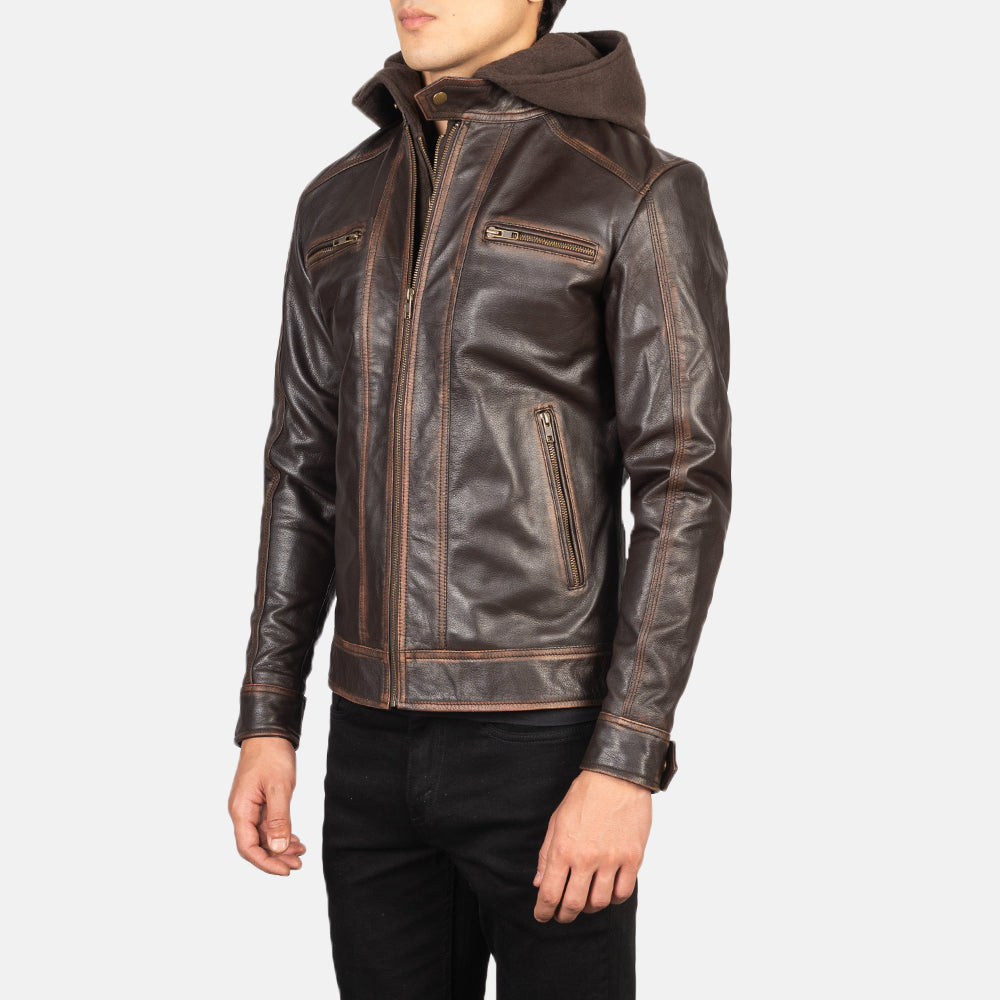 Hector Vintage Brown Hooded Leather Biker Jackets - Image 2
