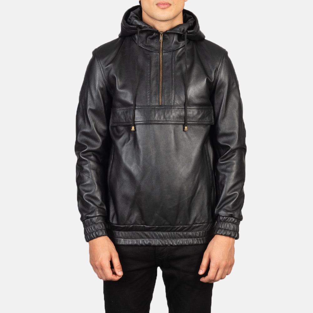Kenton Hooded Black Leather Pullover Jackets