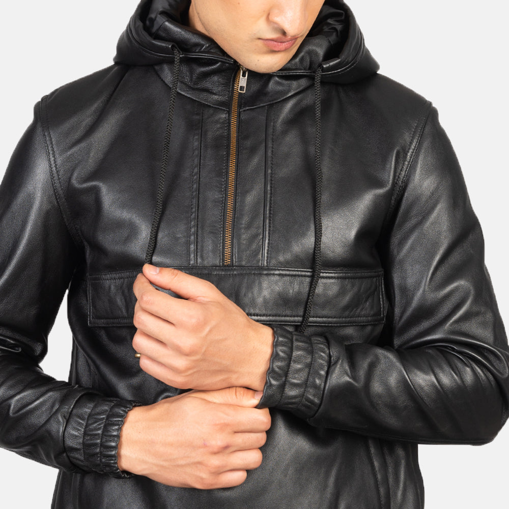 Kenton Hooded Black Leather Pullover Jackets - Image 6
