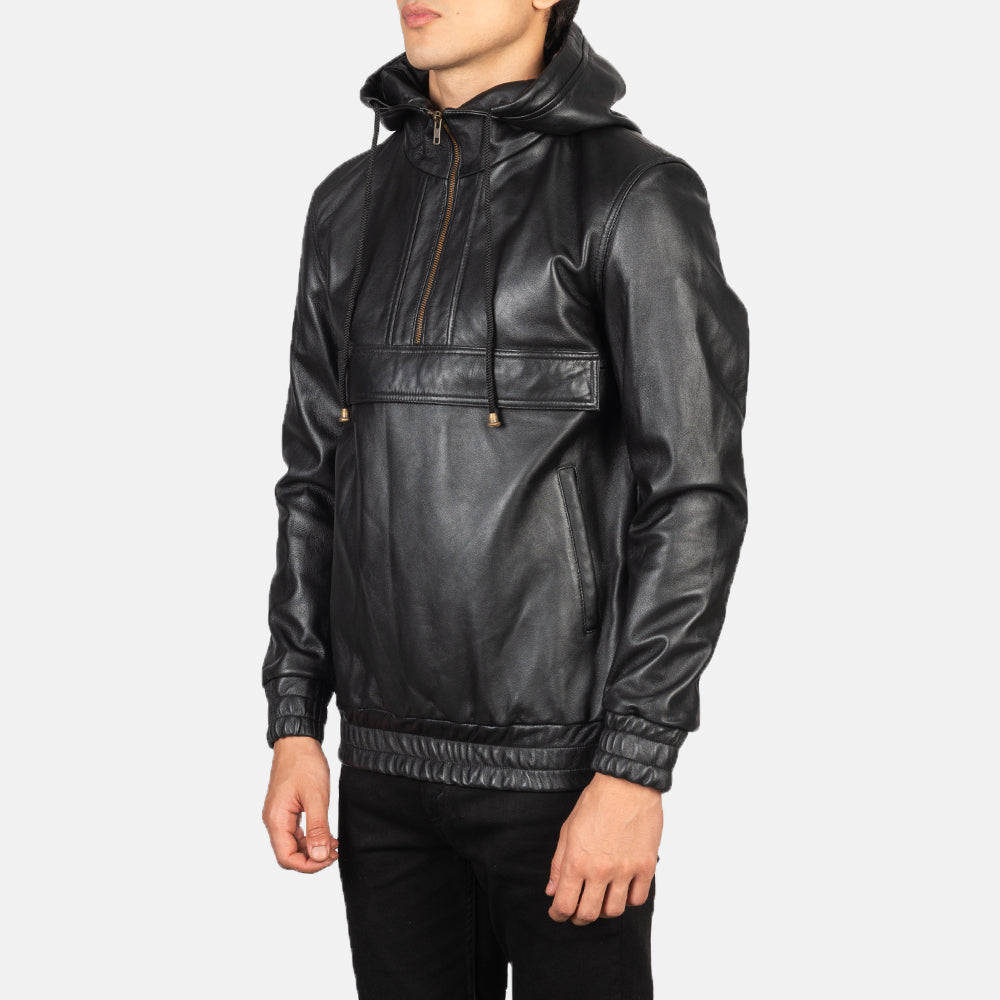 Kenton Hooded Black Leather Pullover Jackets - Image 5