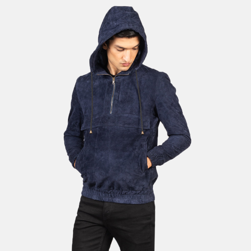 Kenton Hooded Blue Suede Pullover Jacket - Image 4