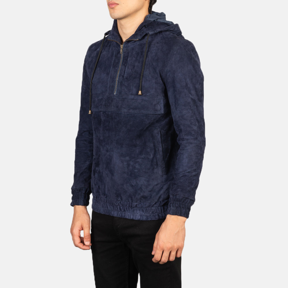Kenton Hooded Blue Suede Pullover Jacket - Image 5