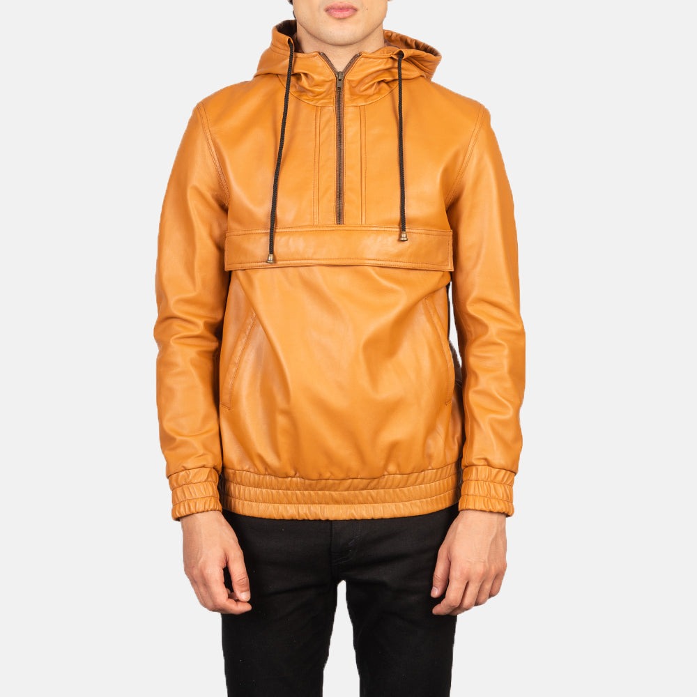 Kenton Hooded Brown Leather Pullover Jackets