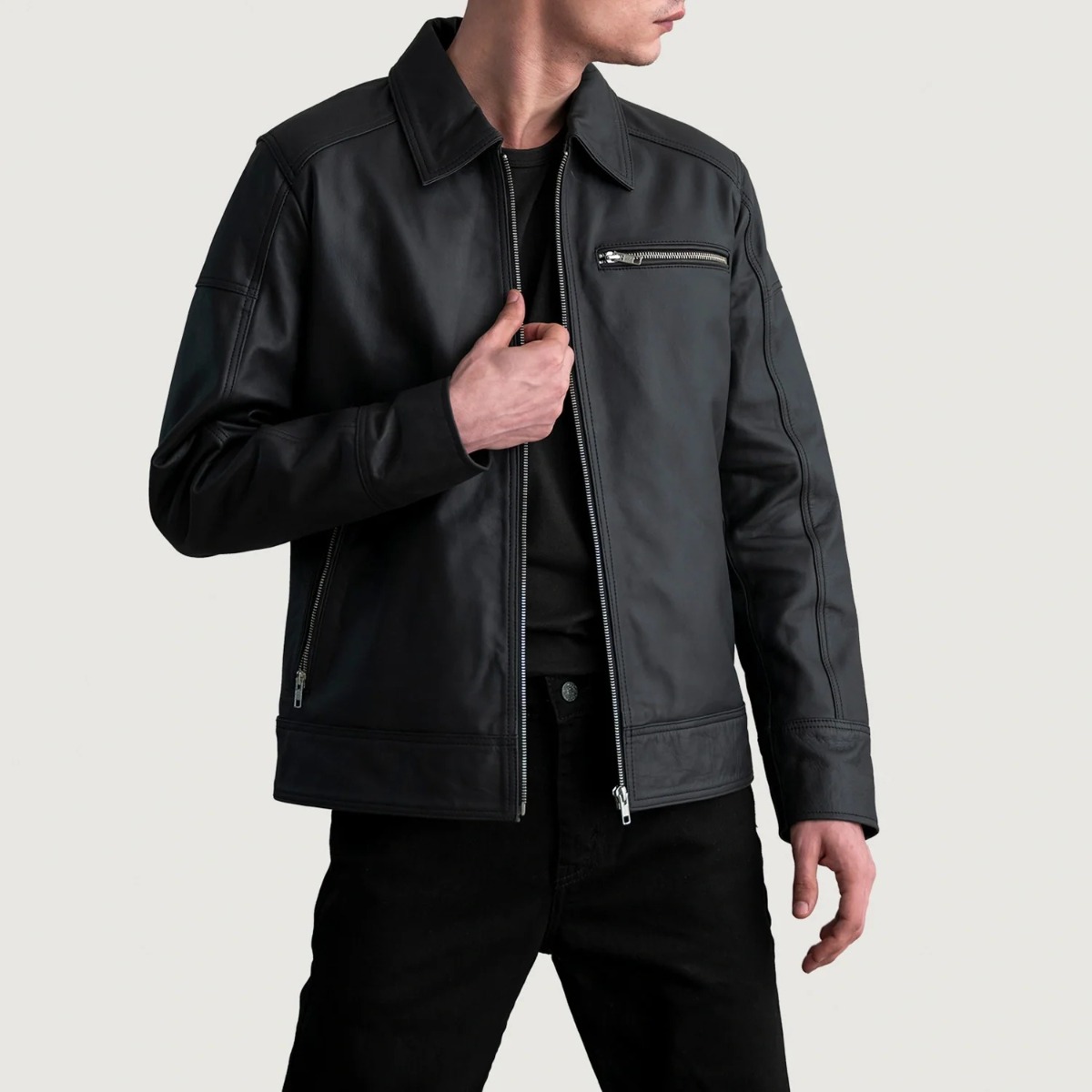 Lavendard Matte Black Leather Biker Jacket - Image 4